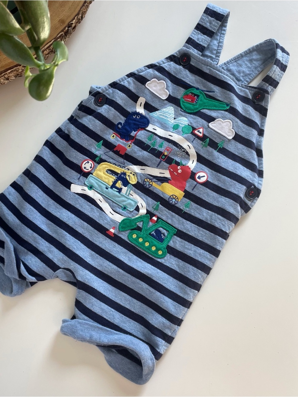 Blue Zoo Striped Dinosaur Tractor Car Helicopter Overalls | 18-24m